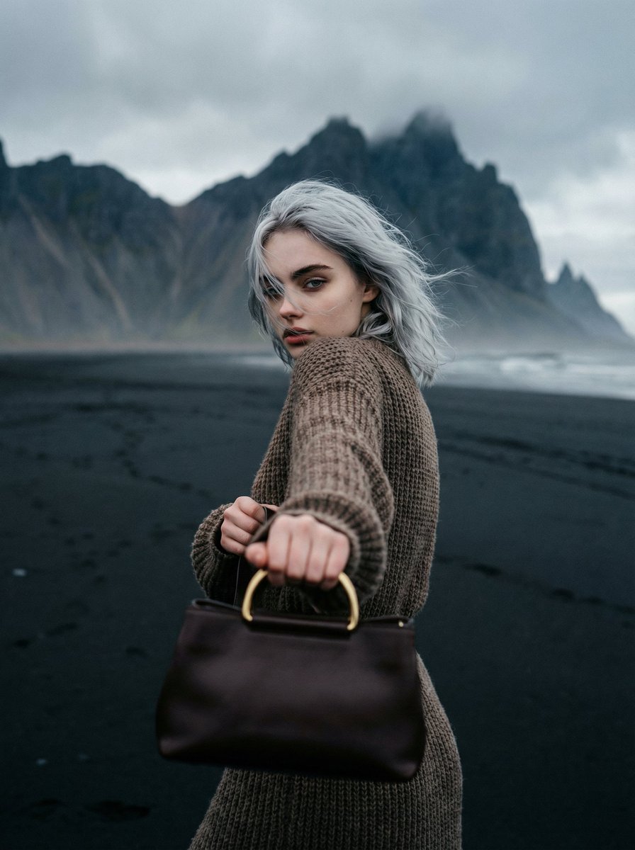 北欧黑沙滩上的冷调电影时尚大片