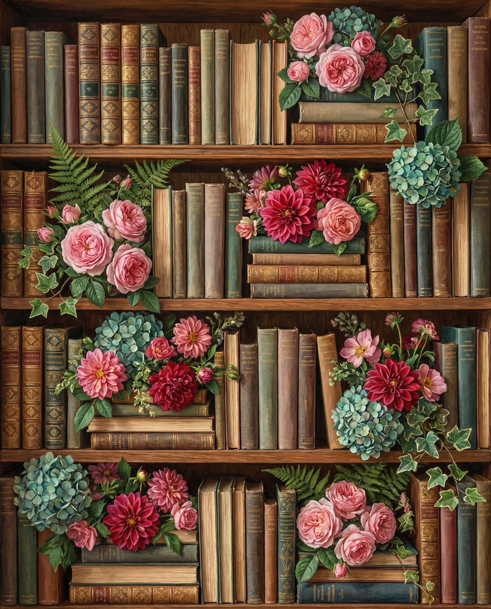 花簇环绕的俯视书架插画
