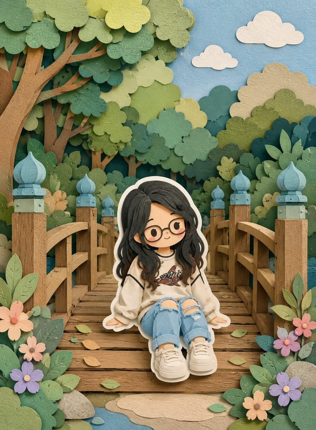 Q版剪纸女孩在梦幻微缩世界