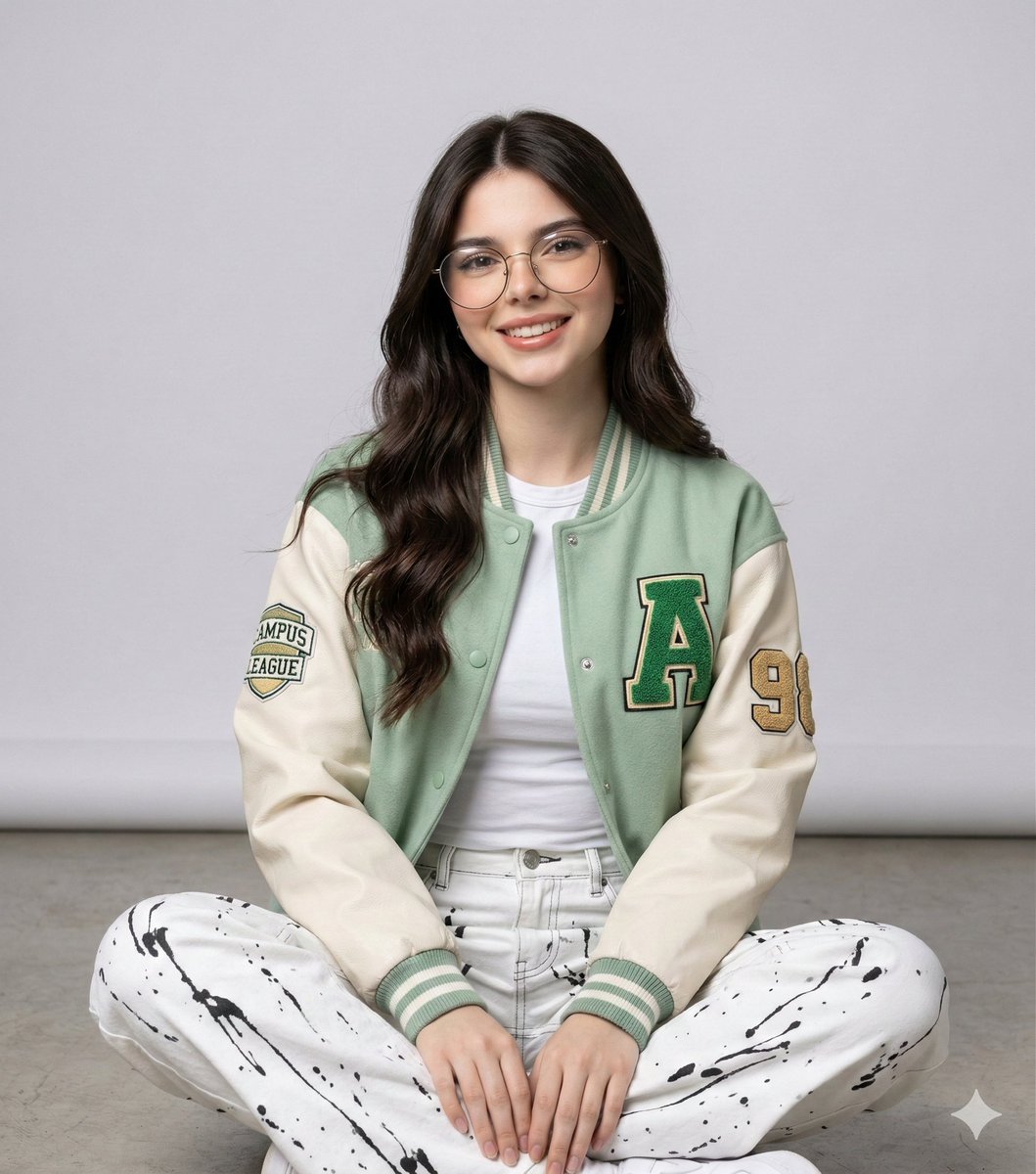 清新灰调影棚里的绿白夹克女孩