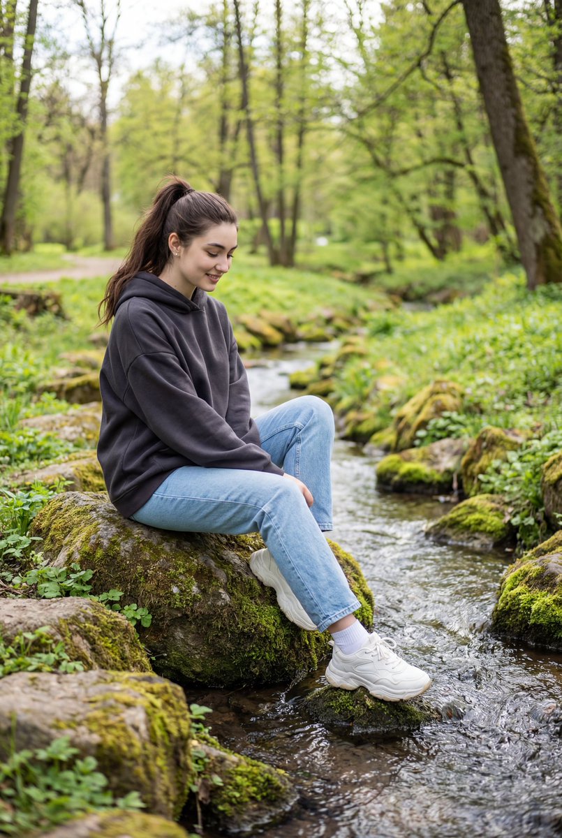 溪畔绿林间的静谧少女