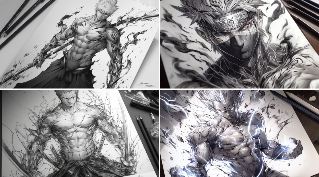 铅笔素描中的肌肉角色与动态纹身设计