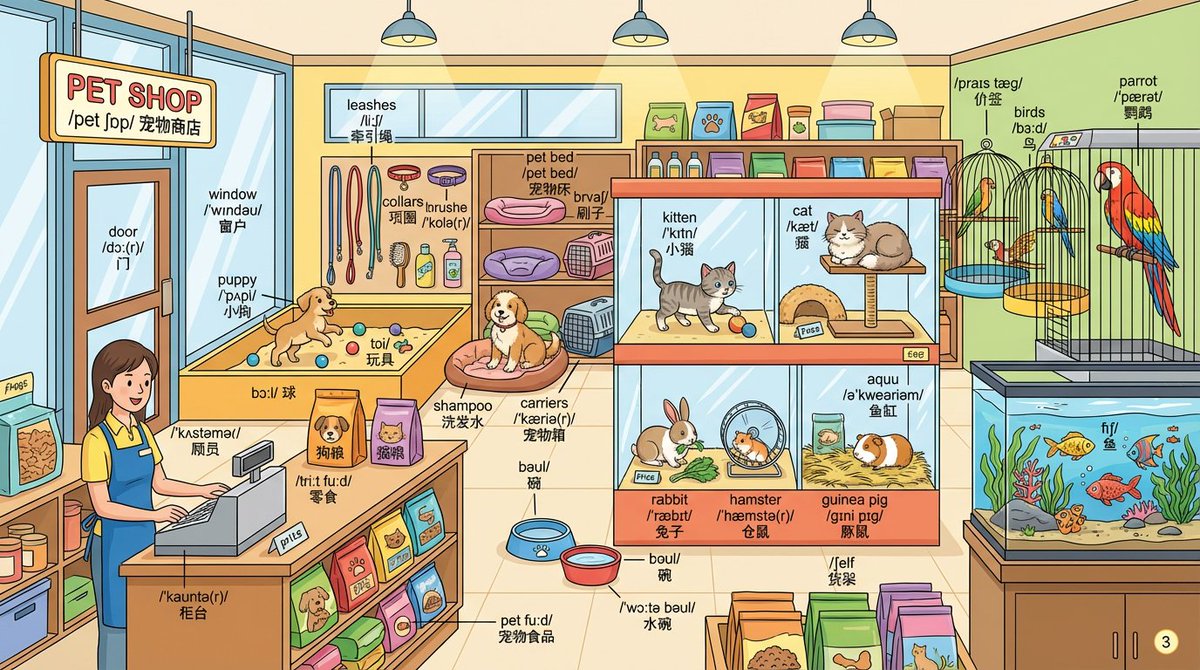 宠物商店场景绘画与英语标注