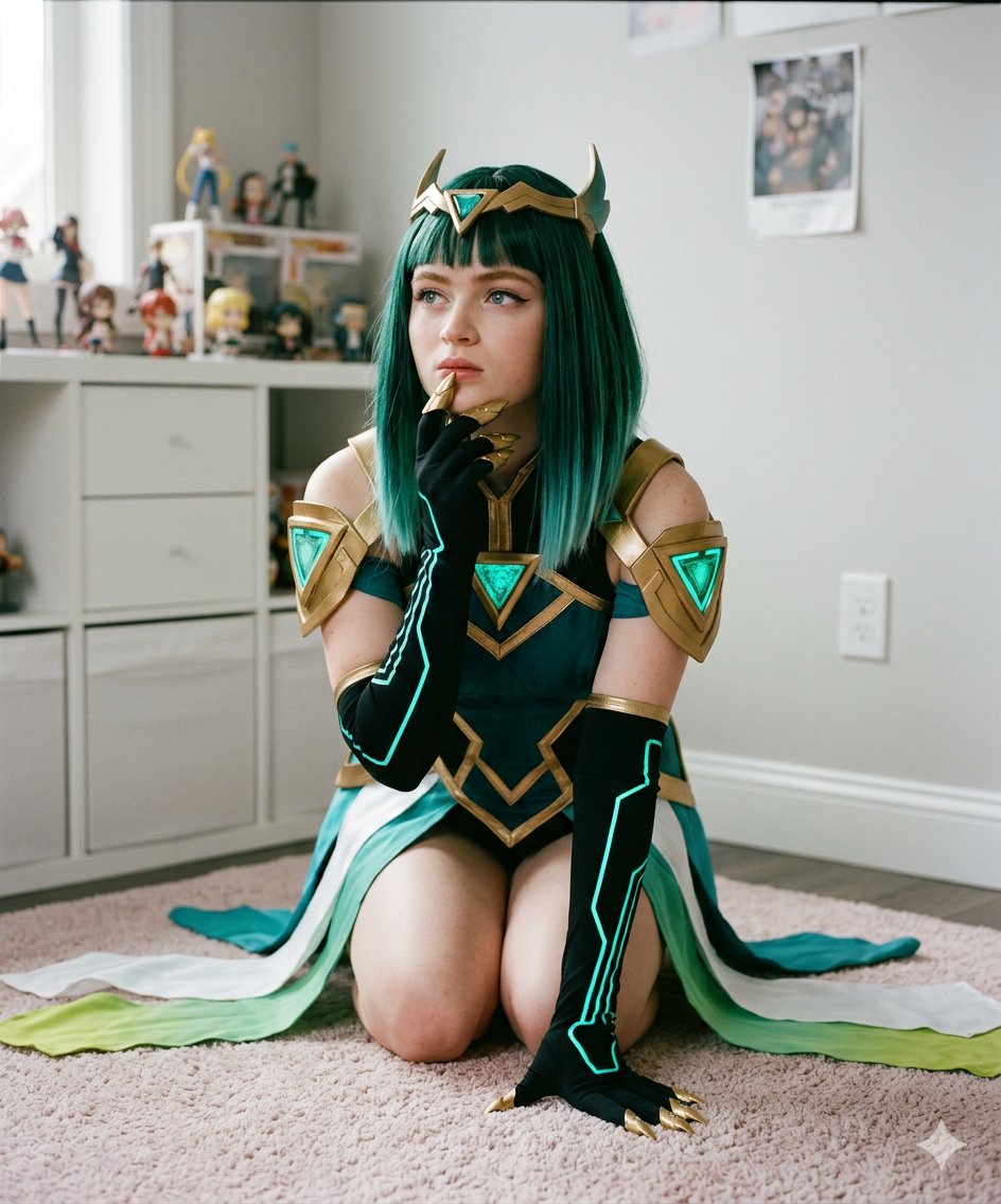 卧室中的翡翠机甲风幻想Cosplay肖像