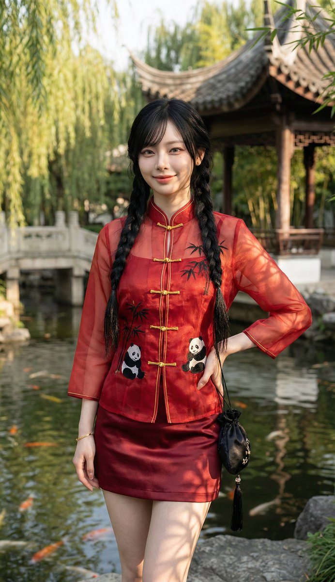传统中式园林中的超逼真时尚肖像