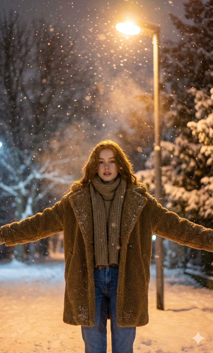 街灯下的冬夜飘雪人像