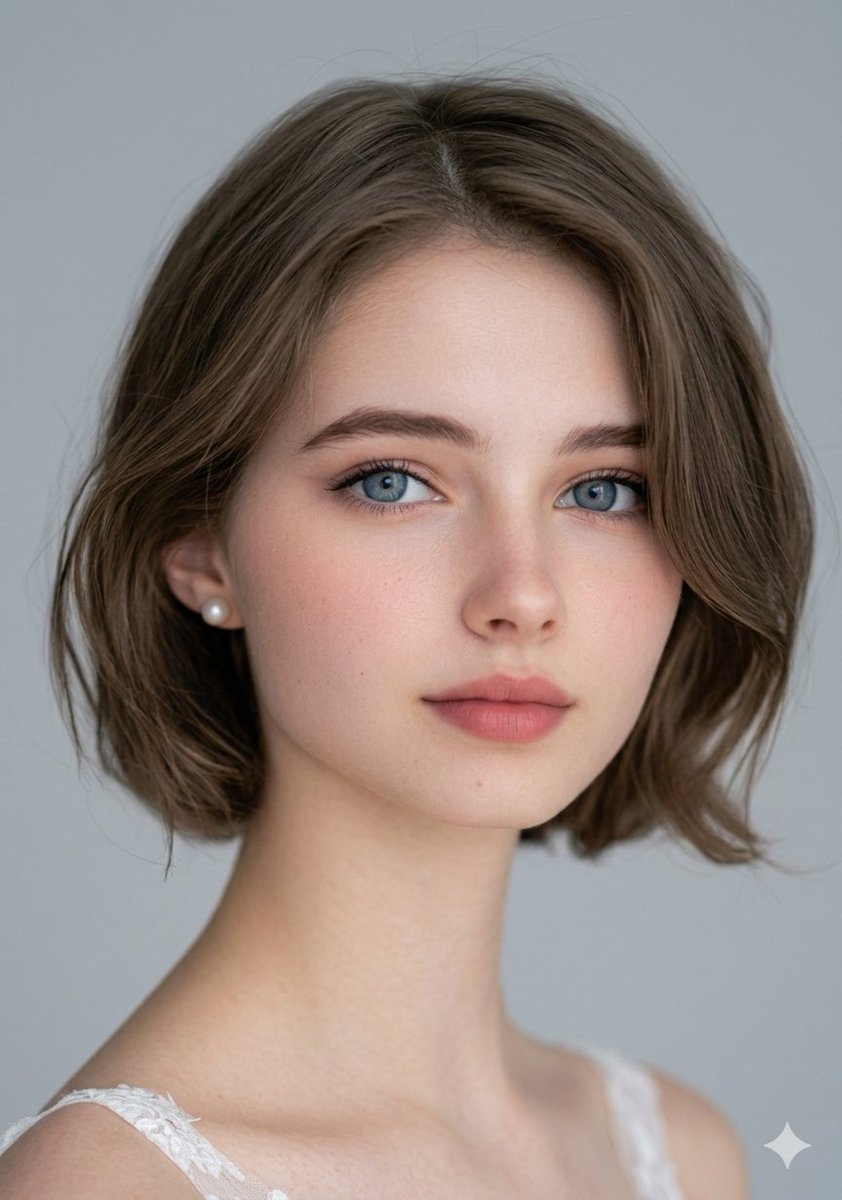影棚柔光下的蓝眼短发女性特写