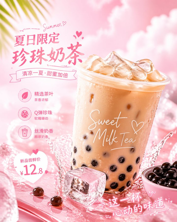 粉色少女风奶茶广告特写