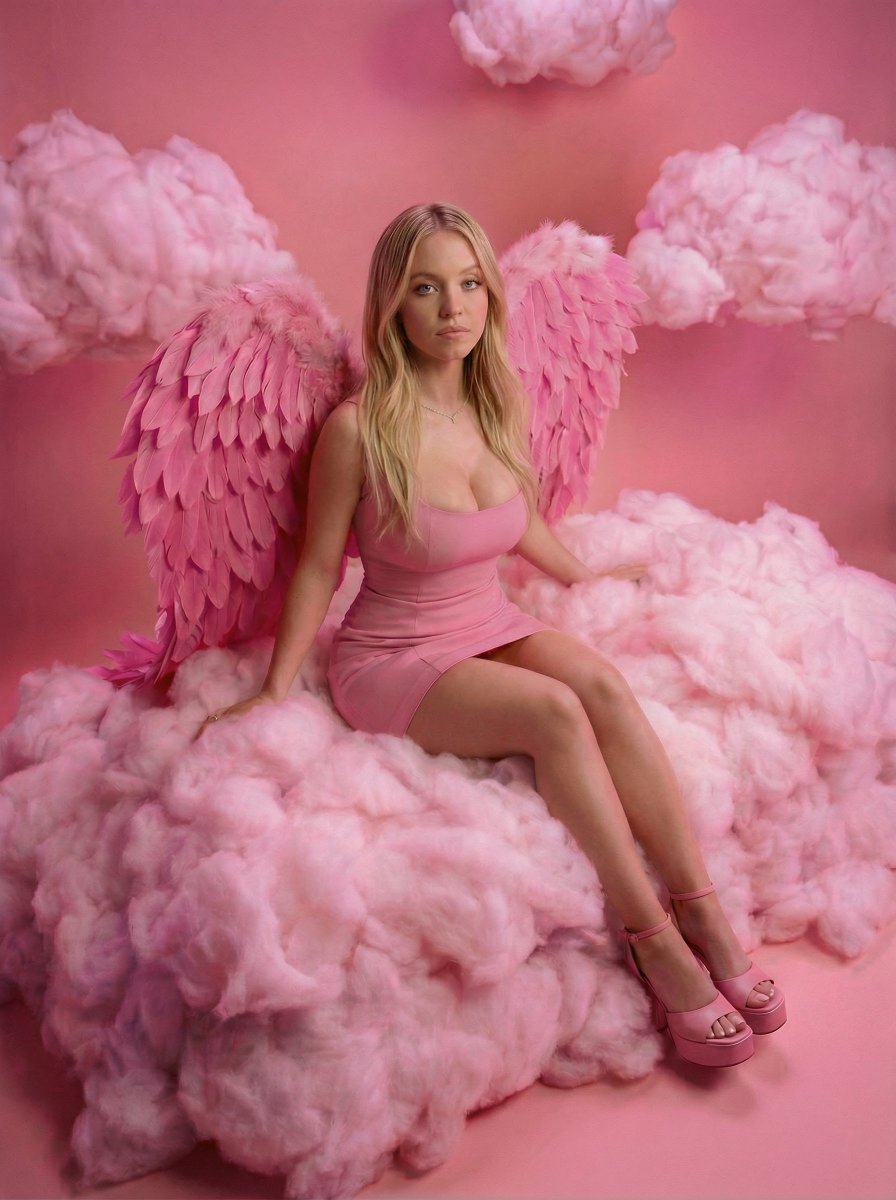 粉色羽翼仙子闭眼静坐粉色云端