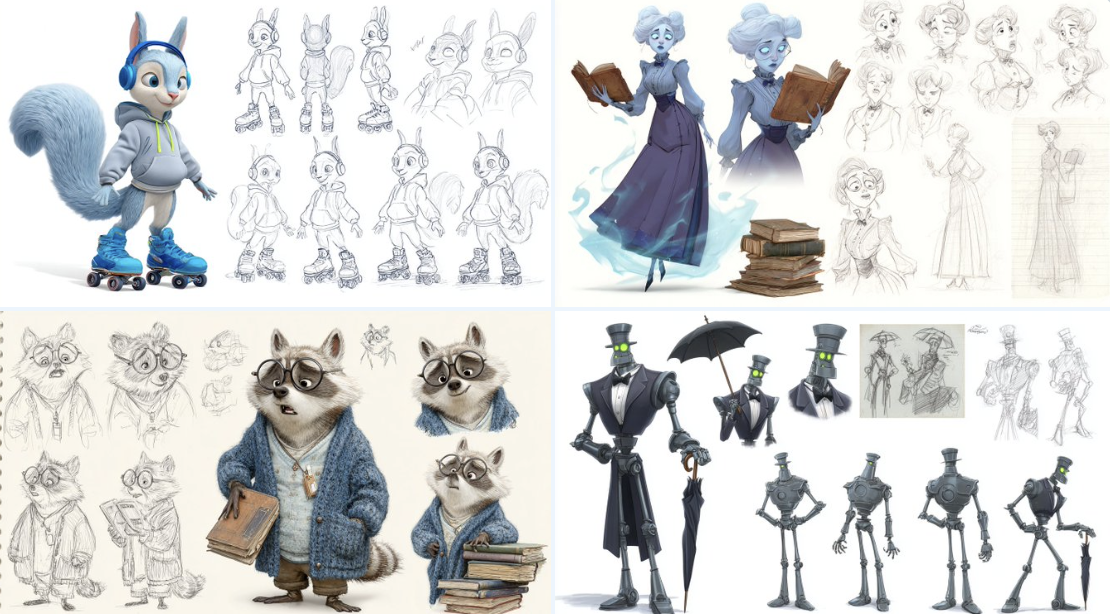 Pixar风格角色设计表 - 多角度姿势与渲染