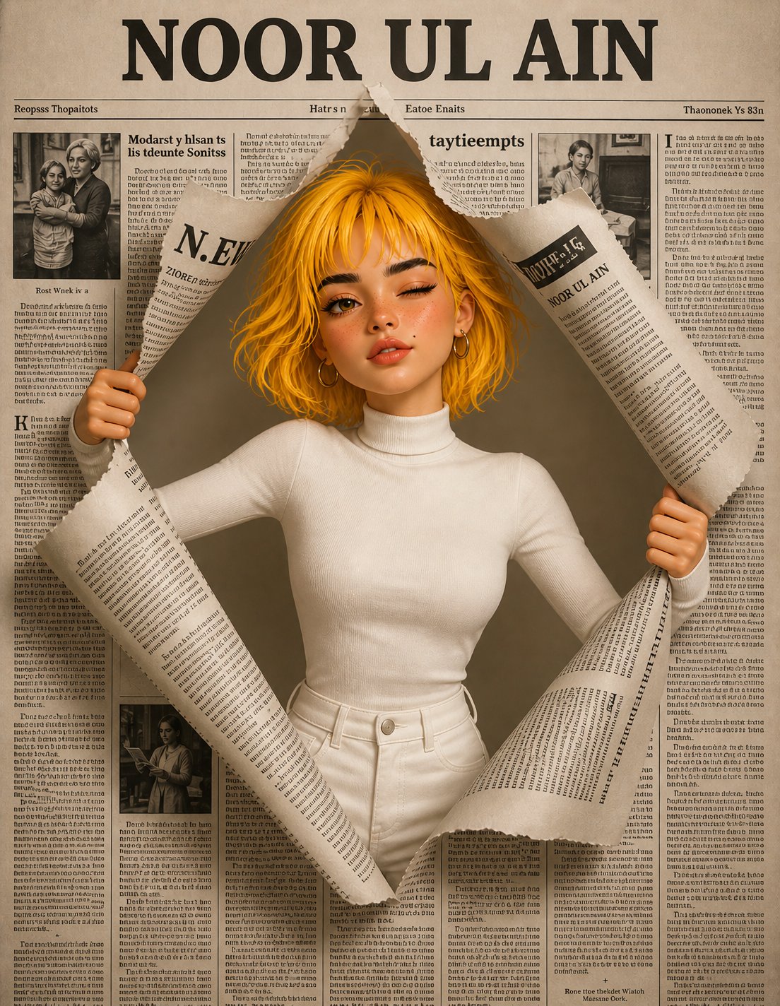 破报纸而出的俏皮3D少女