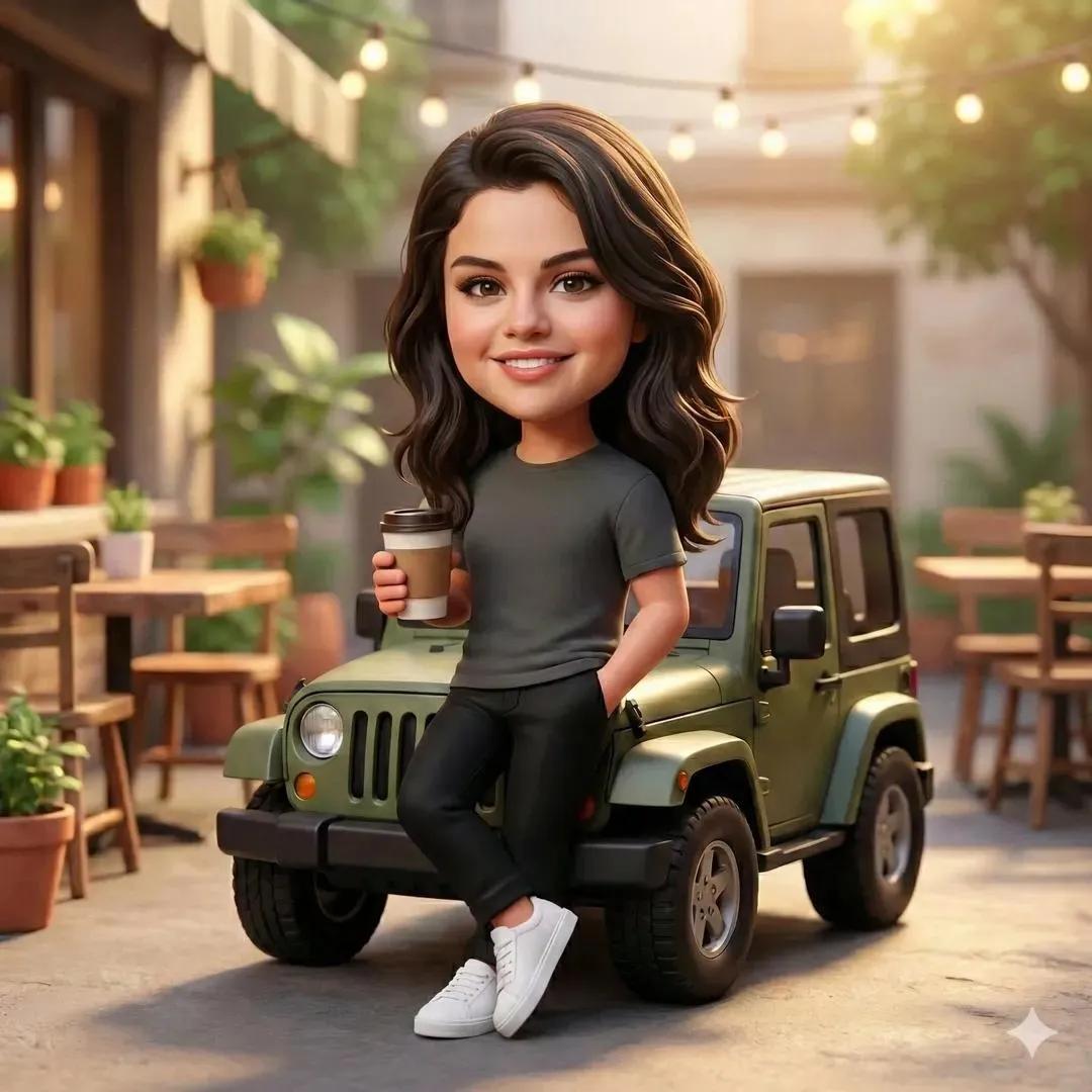 皮克斯风格Q版萌妹与吉普车的温馨午后