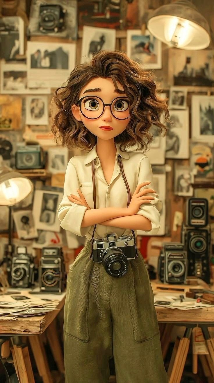 复古摄影工作室中的3D动画女摄影师