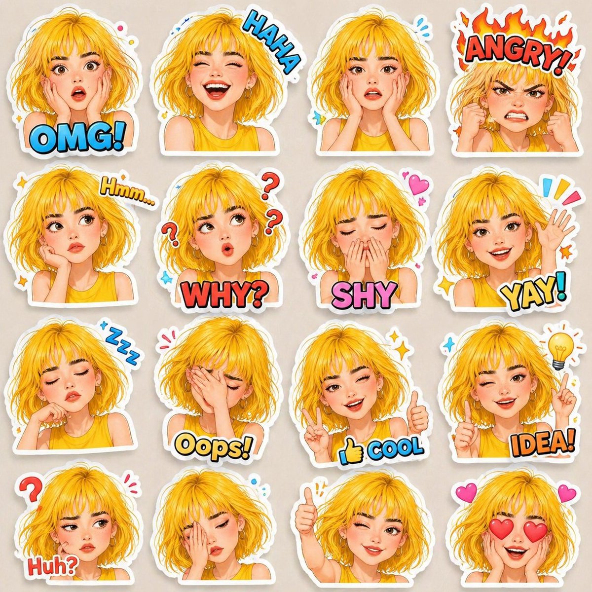 皮克斯风黄发女孩3D表情贴纸组
