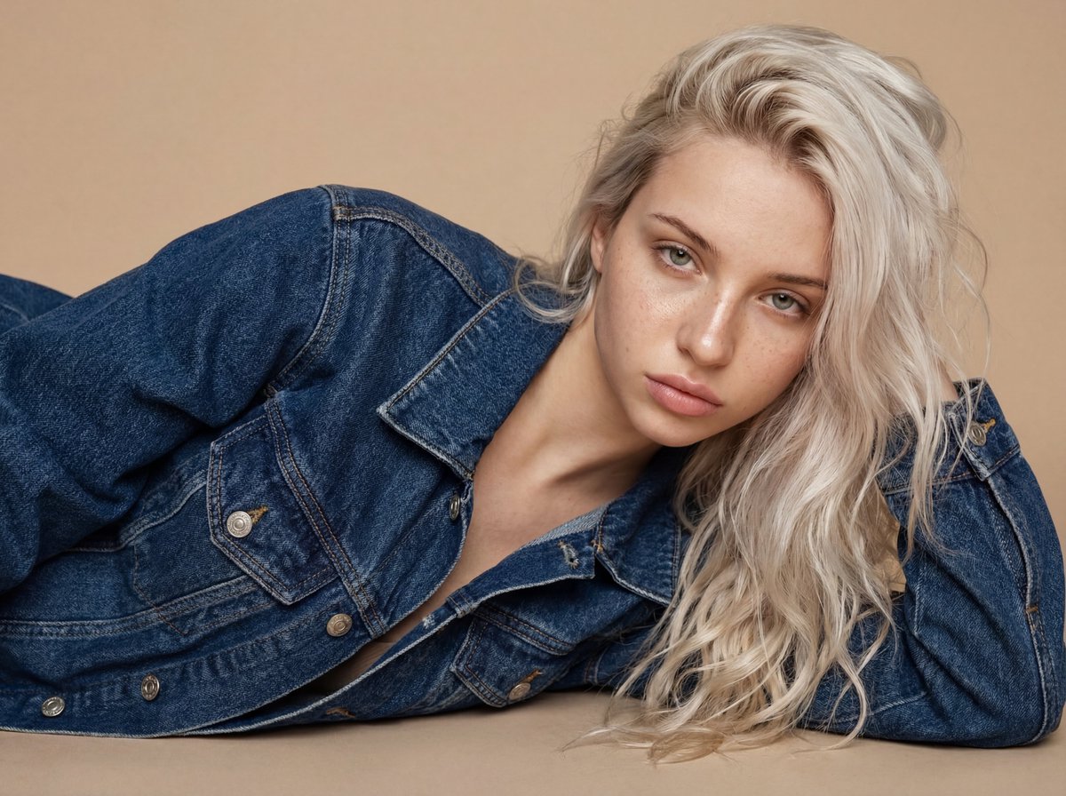 铂金长发铺洒米色地面的慵懒时尚大片