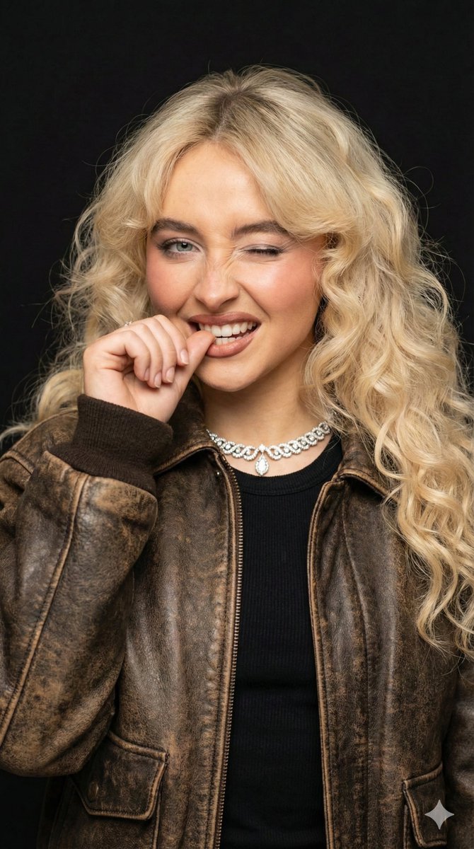 俏皮金发卷发少女穿复古皮衣咬手指