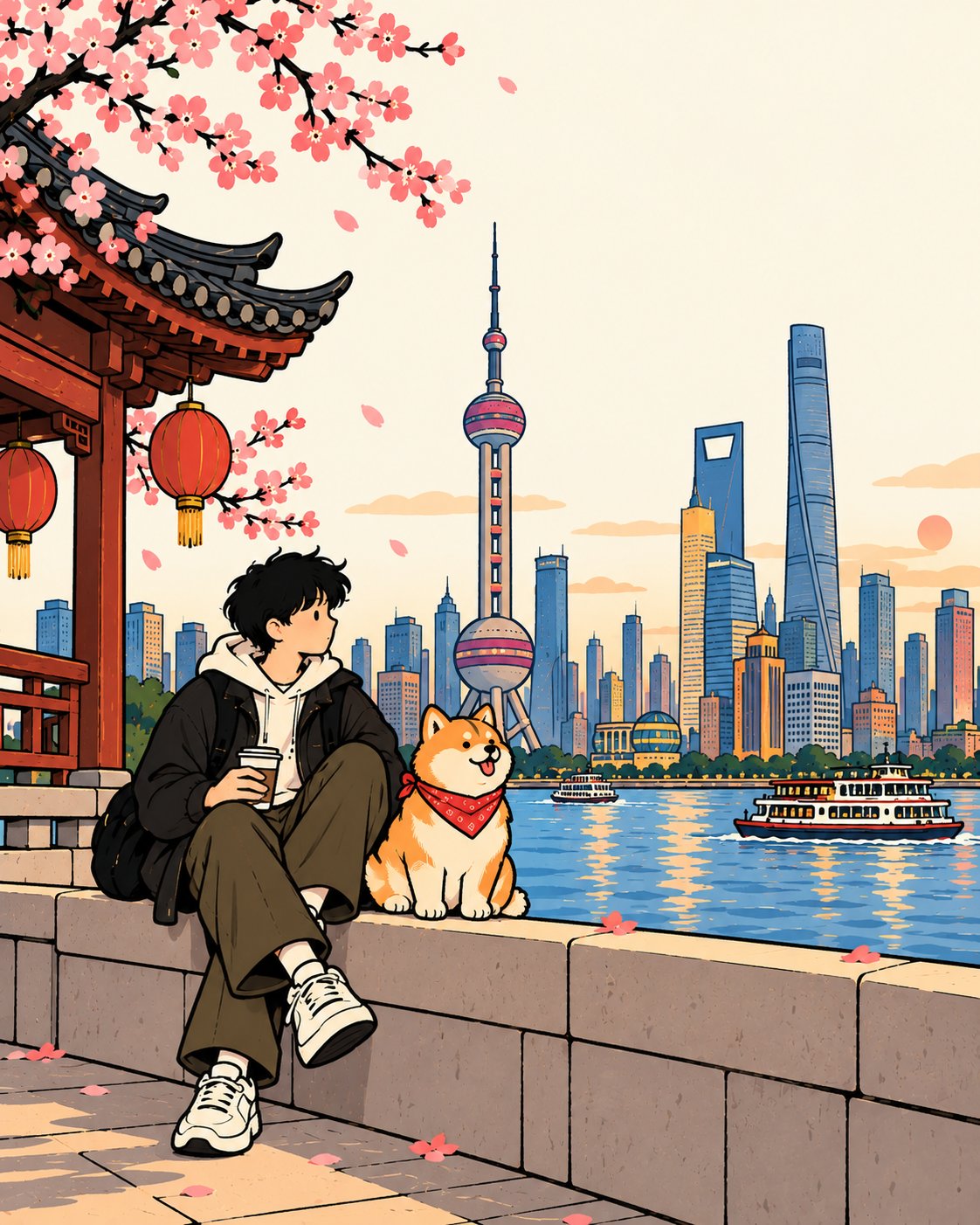人物与动物的俏皮旅行插画