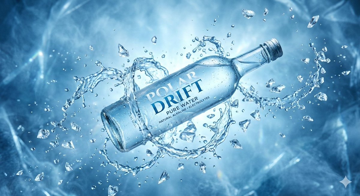 极地纯净水瓶悬浮于冰蓝空间