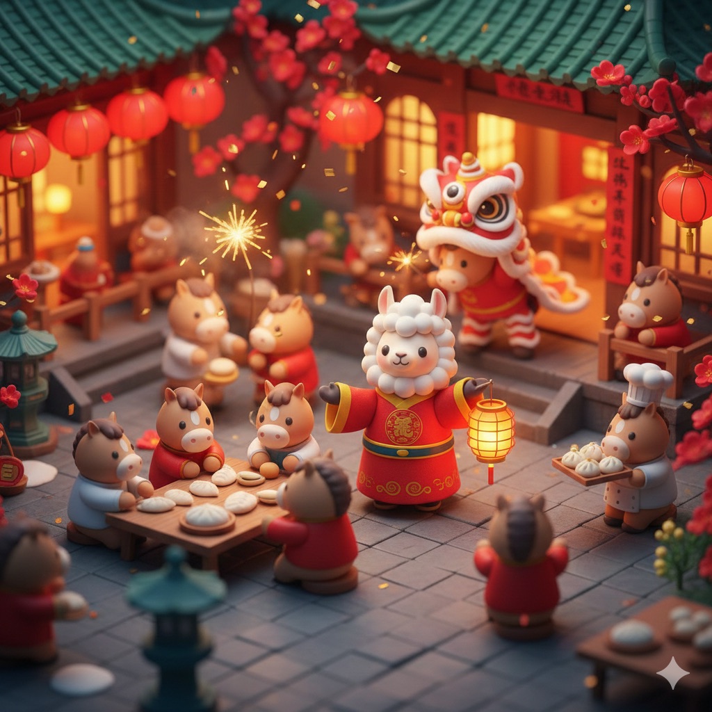 泡泡玛特风新年羊驼微缩庭院