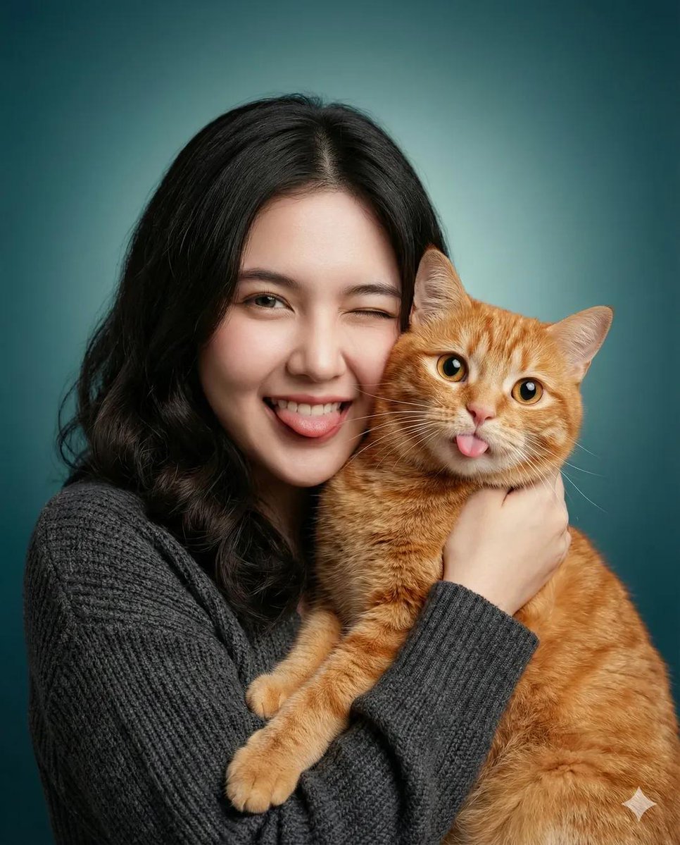 女士与橘猫吐舌温馨肖像