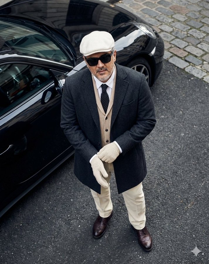 镜头向下拍摄一位衣着考究的男士