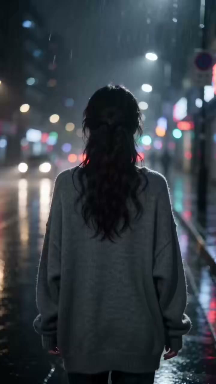 雨夜霓虹下的胶片回眸少女