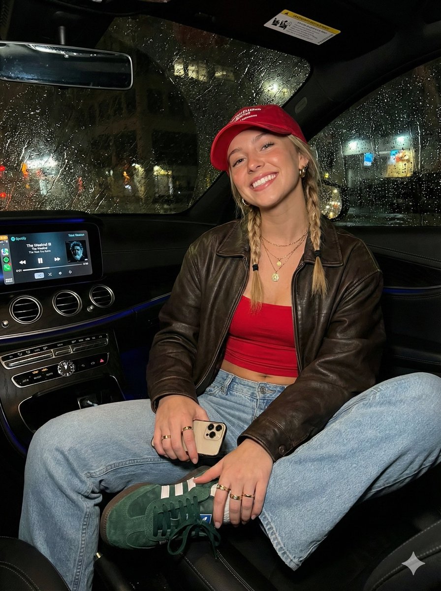 雨夜车内红帽金发女孩的高清写实摄影