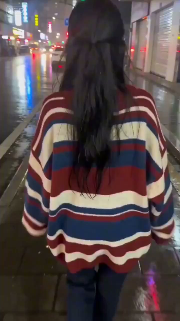 雨夜霓虹街头手持镜头下的回眸甜笑少女