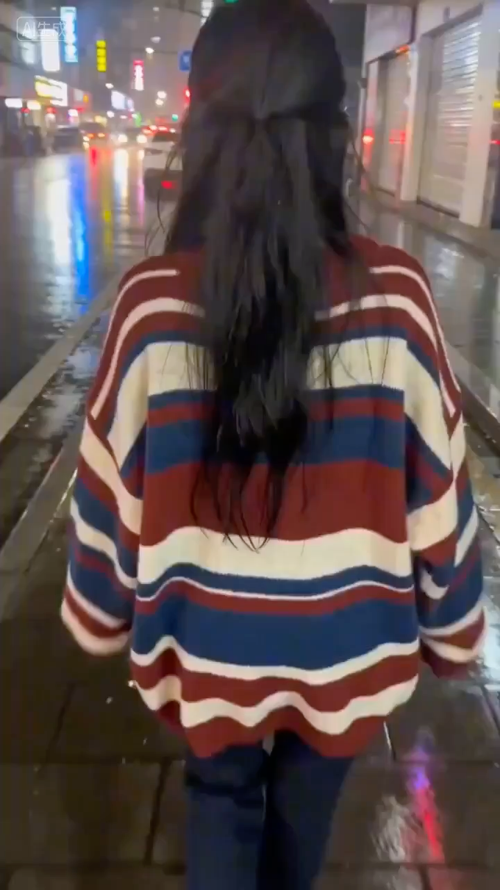 雨夜霓虹下的回眸女孩