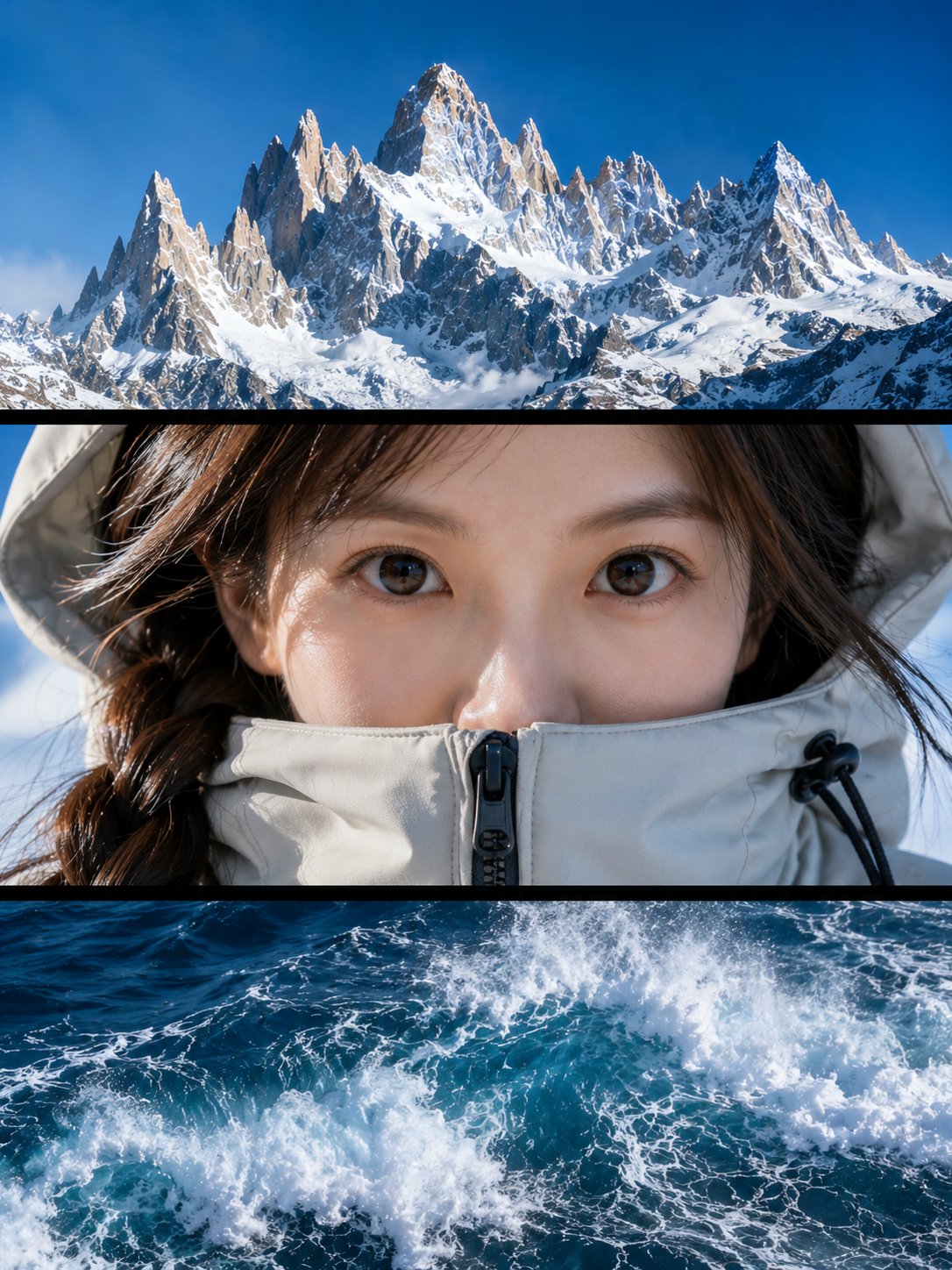 雪峰·目光·激浪 垂直三联画摄影
