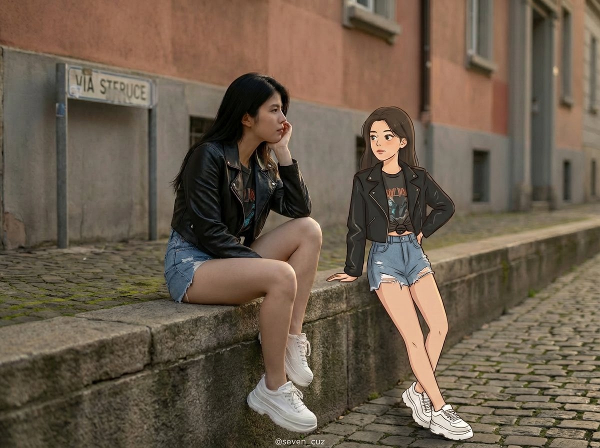 真人与手绘卡通共舞的复古街头肖像