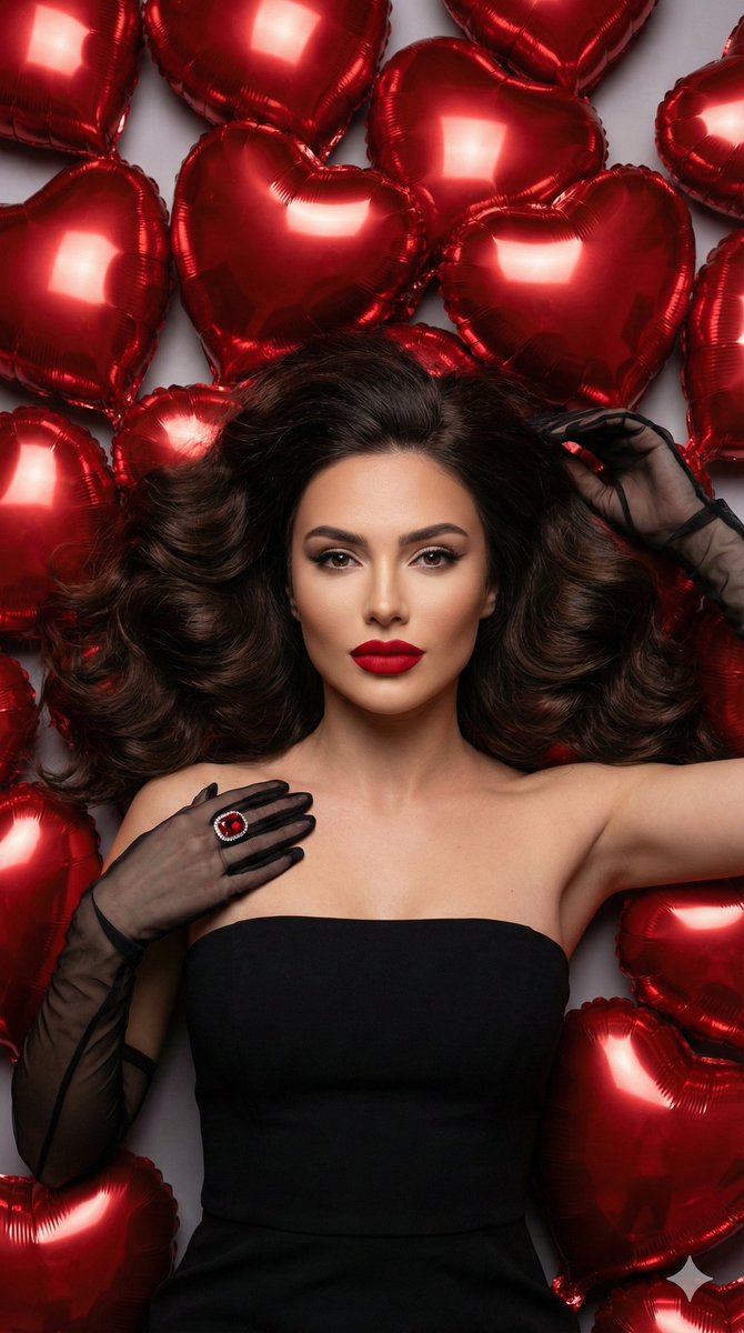 红心气球簇拥的超写实魅惑女郎