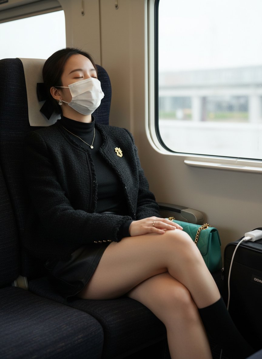 火车上的旅人：闭眼休息的时尚女子