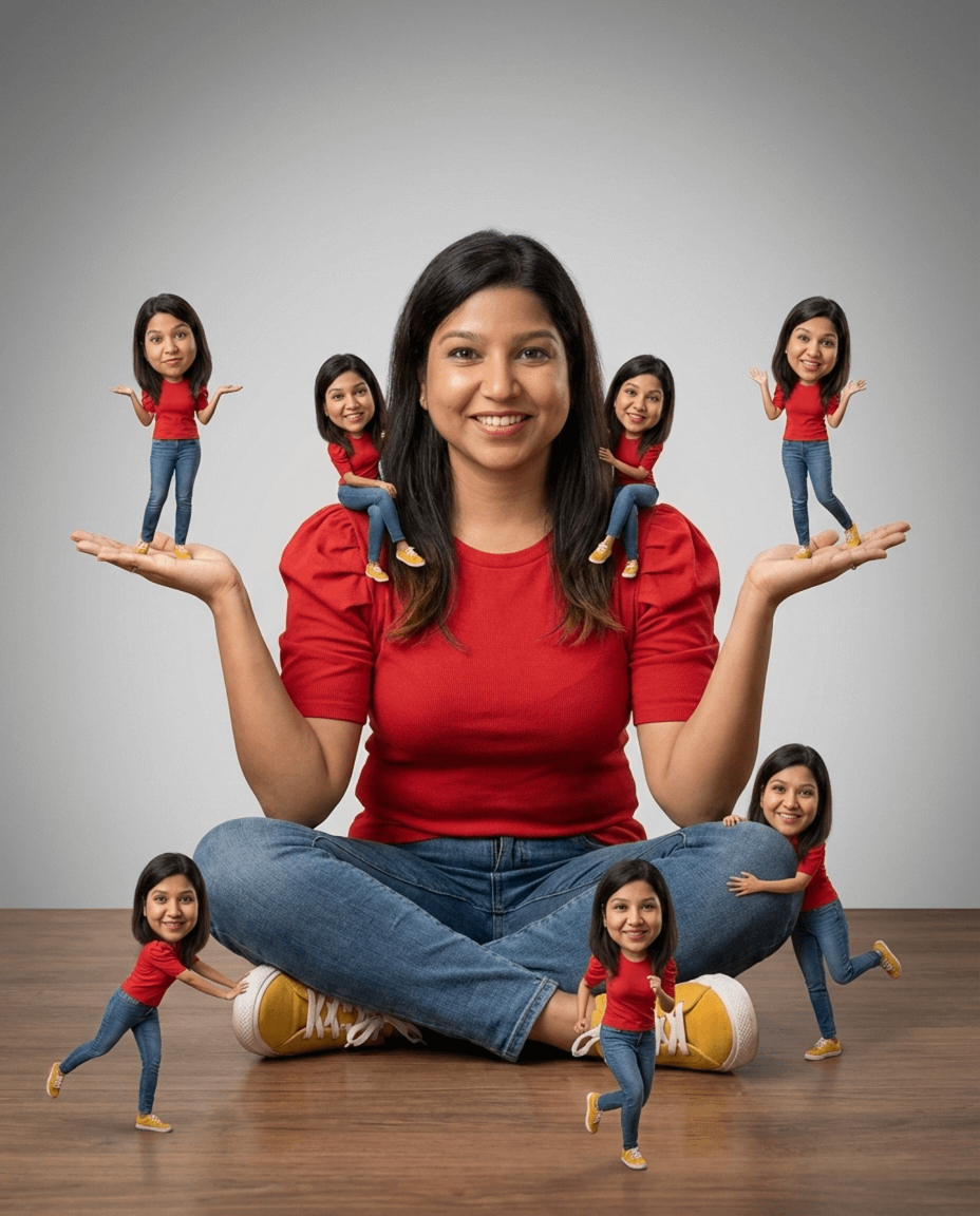 红衣少女与七个俏皮微缩分身