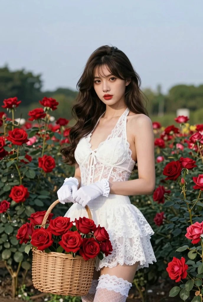 红玫瑰园中的白蕾丝少女唯美写真