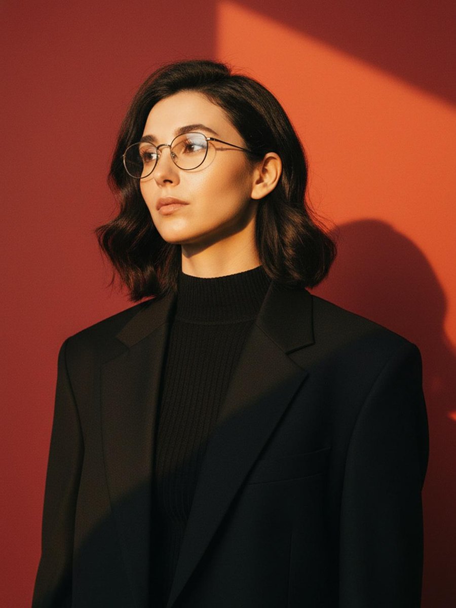 红墙光影下的优雅黑西装女郎