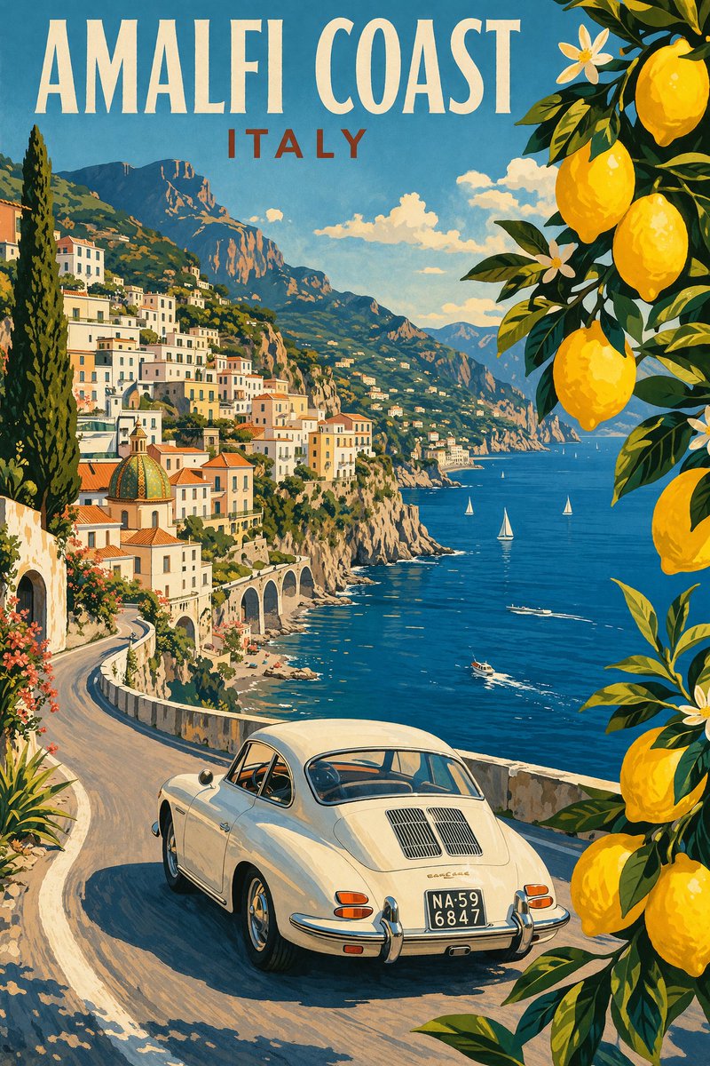阿马尔菲海岸复古夏日旅行海报插画