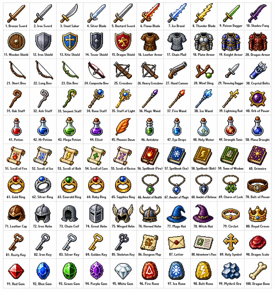 复古像素奇幻RPG百件道具图鉴