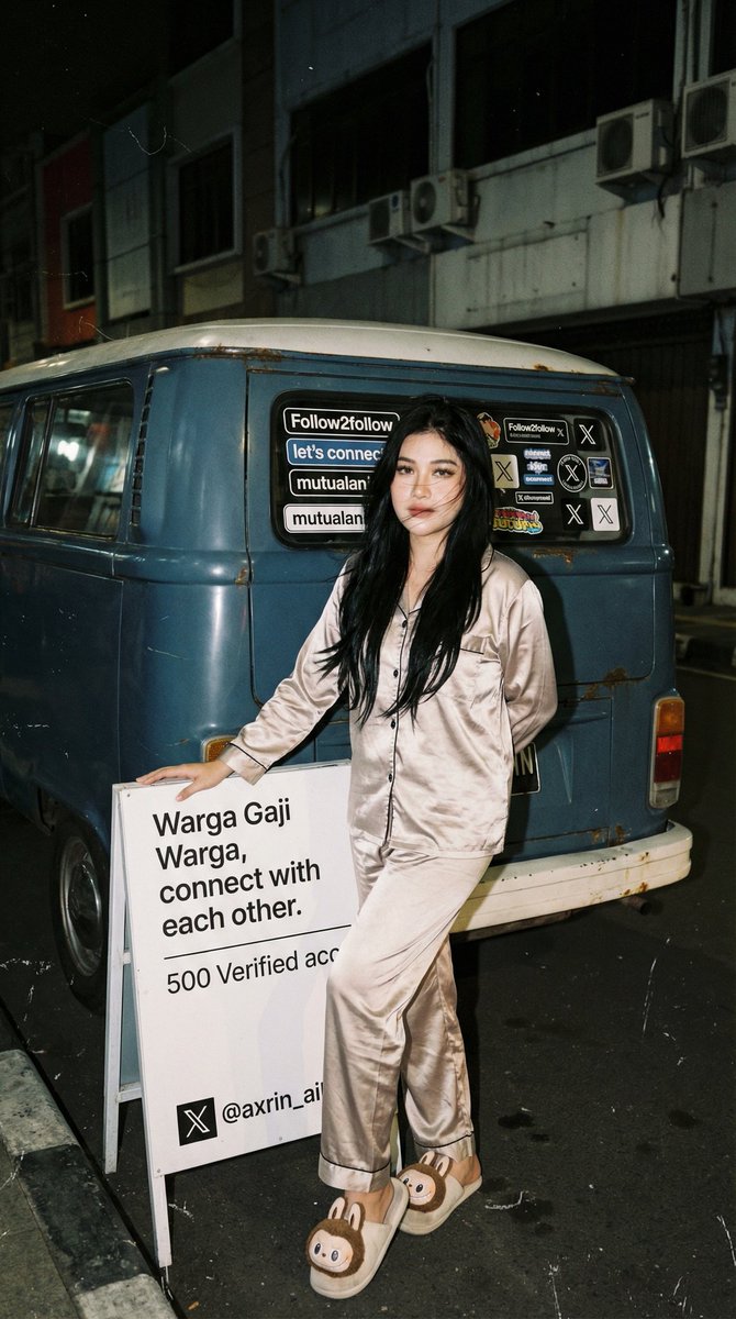 夜晚街头胶片风美女与老式面包车