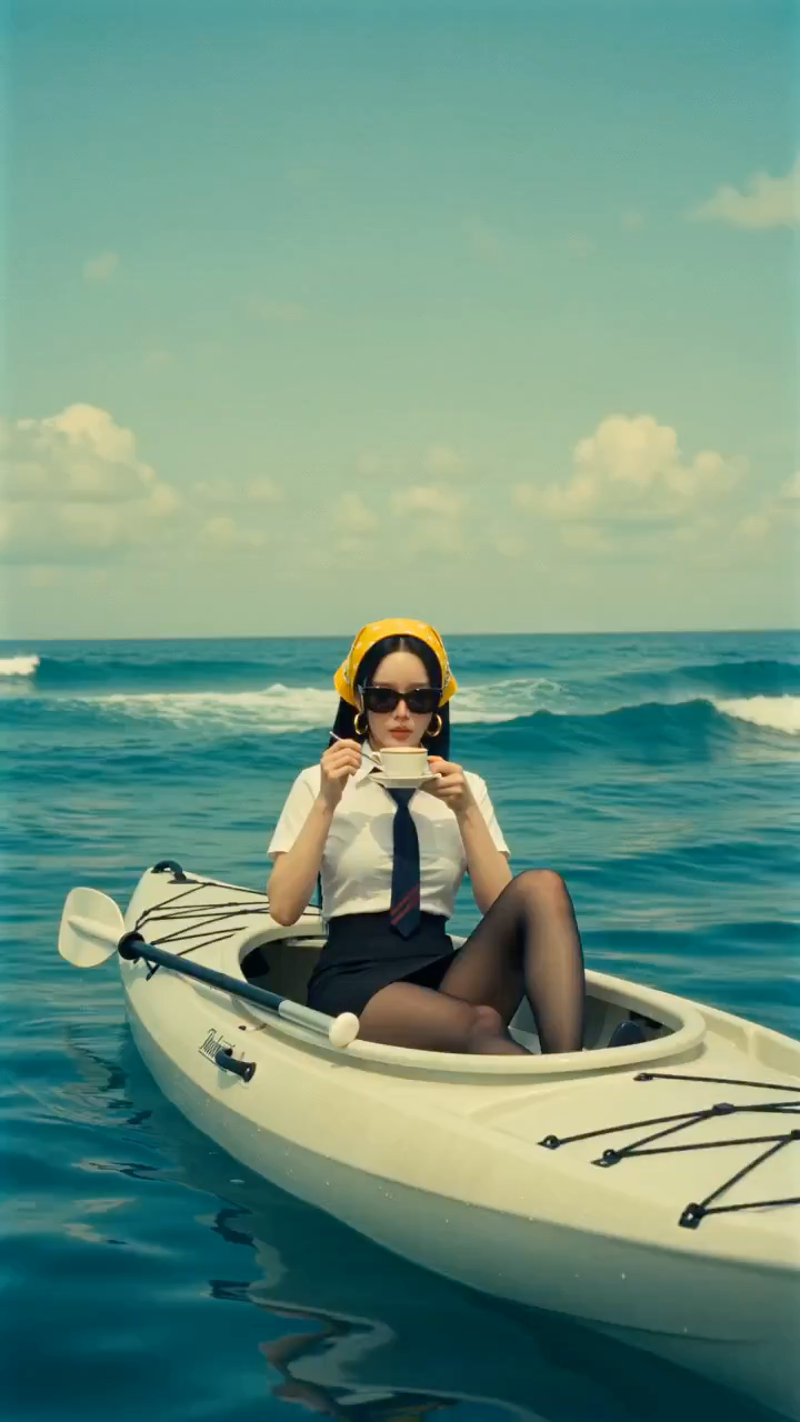 复古女郎独木舟上优雅击退鲨鱼