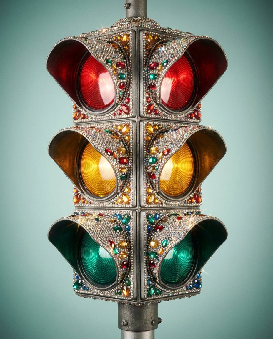 宝石镶嵌的复古交通灯特写