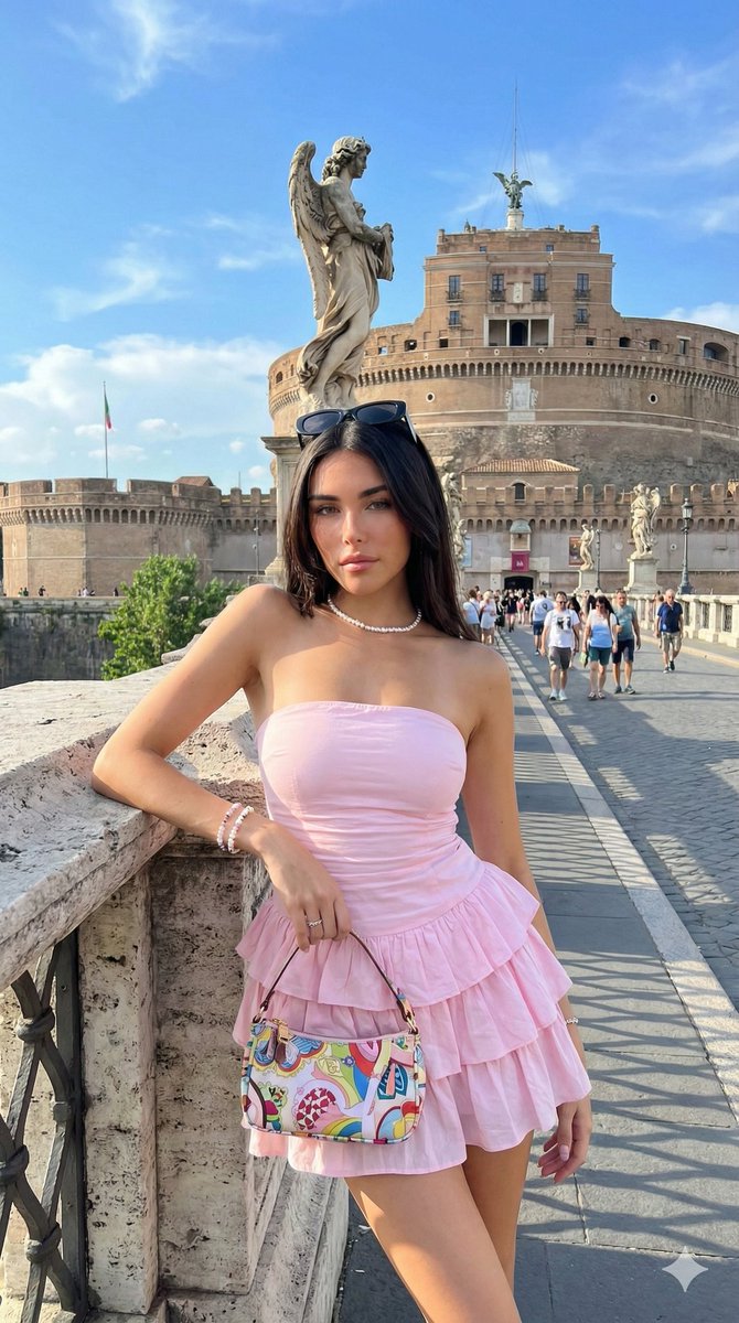 罗马天使桥畔的粉色夏日街拍