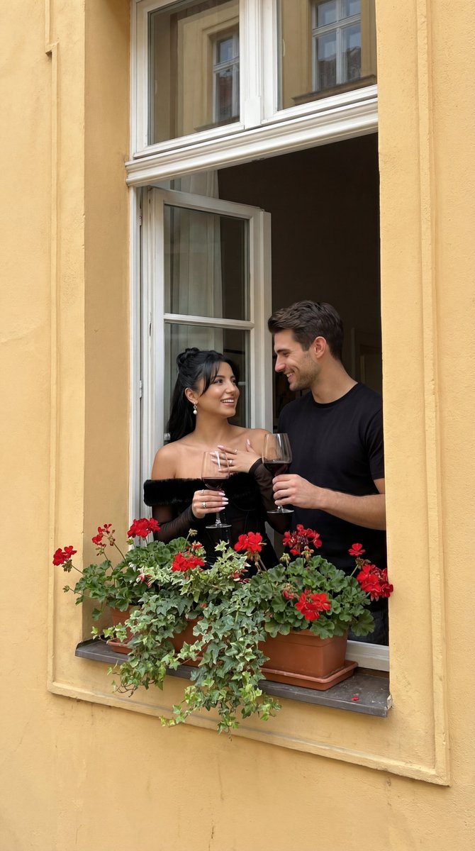欧式黄墙窗边举杯对饮的浪漫情侣