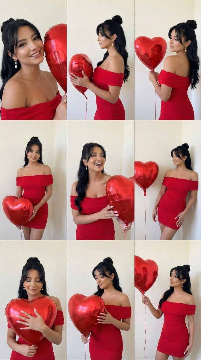 浪漫红裙与玫瑰的九宫格大片