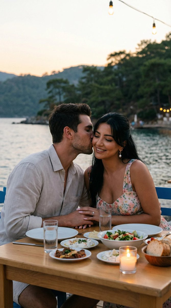 落日余晖下的海滨浪漫轻吻