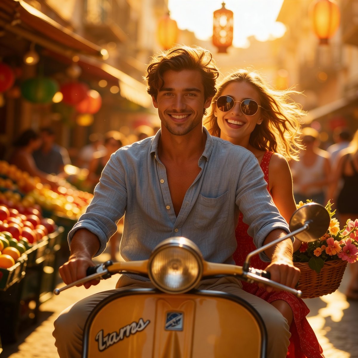 夕阳下复古黄蜂牌小摩托穿梭集市的浪漫瞬间