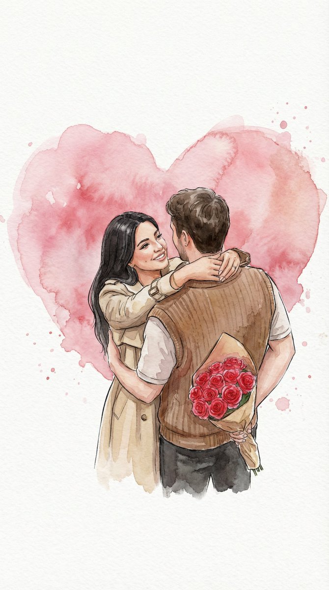 水彩爱心下的浪漫情侣相拥插画
