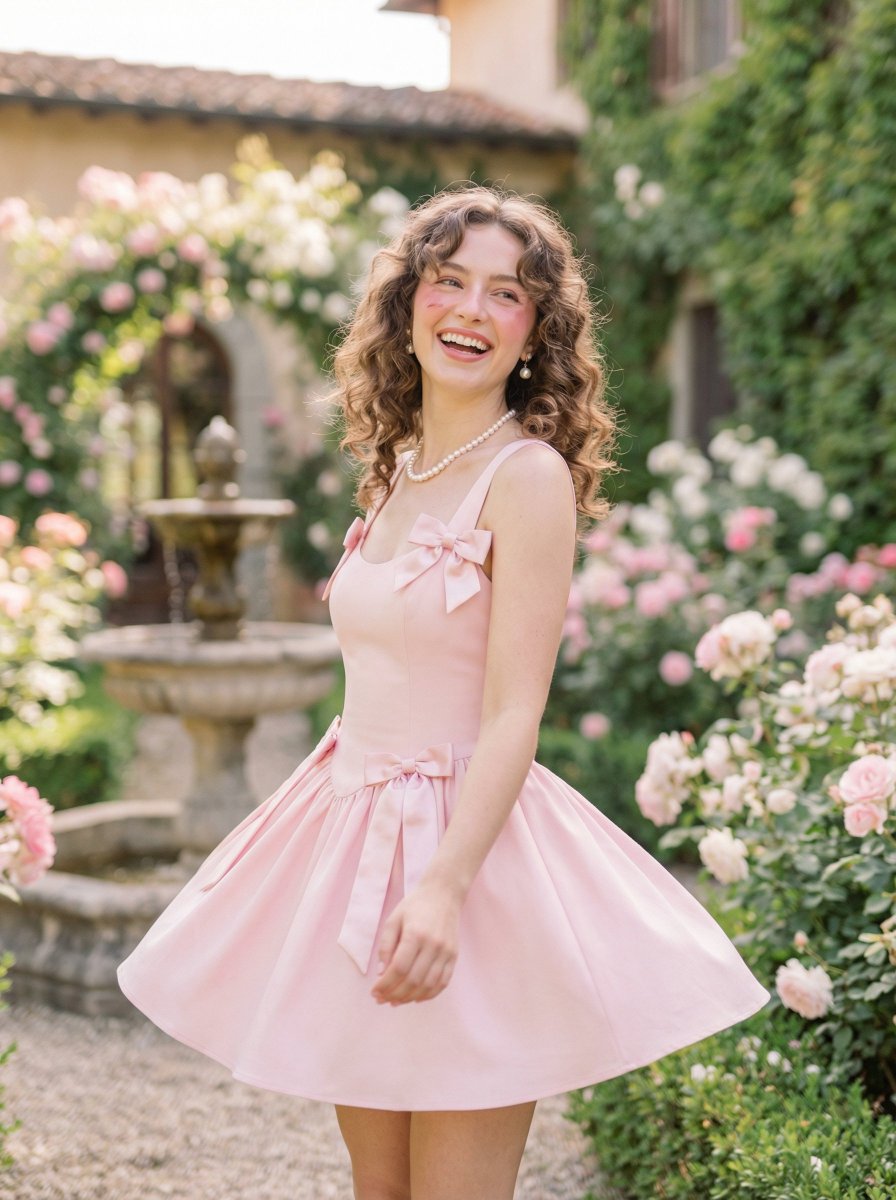 玫瑰庭院里的娇俏粉裙少女