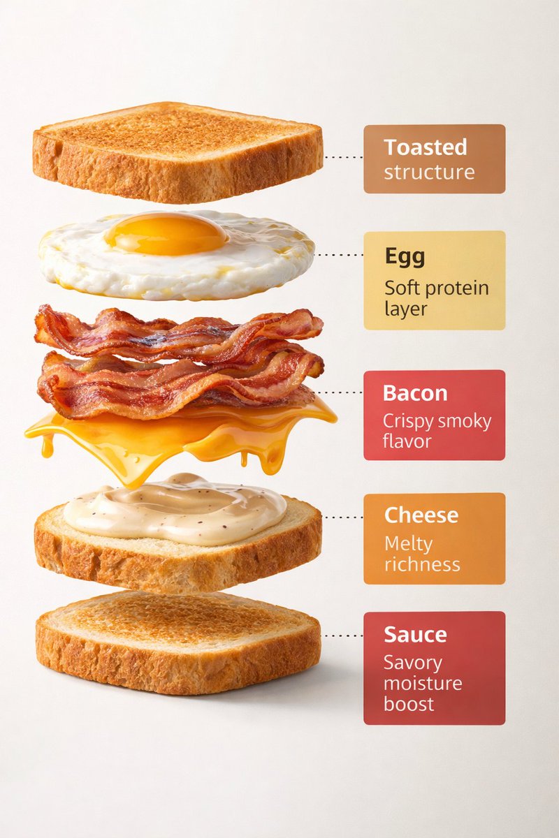 旋转爆炸图：早餐三明治食材解构