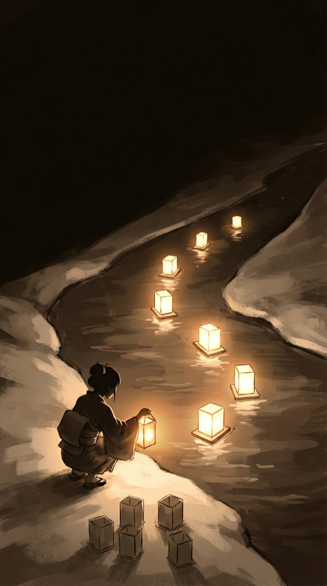 S形光影流转的雪夜河灯概念图